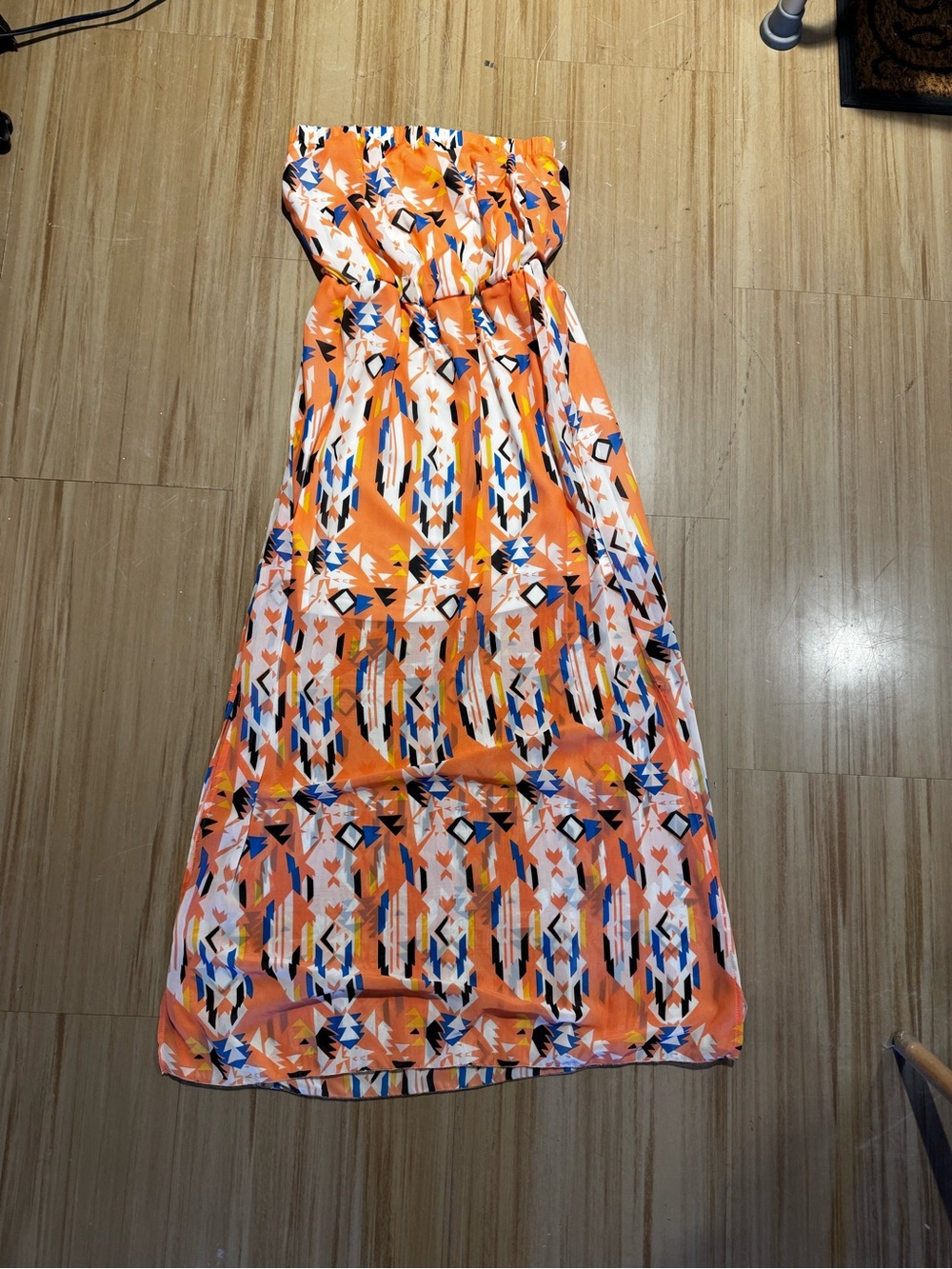 New Look Orange Geometric Strapless Maxi Dress